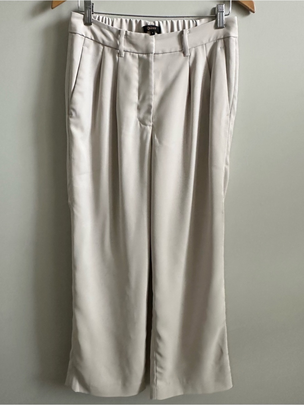 Quince stretch crepe pleated wide leg trousers in sand beige color